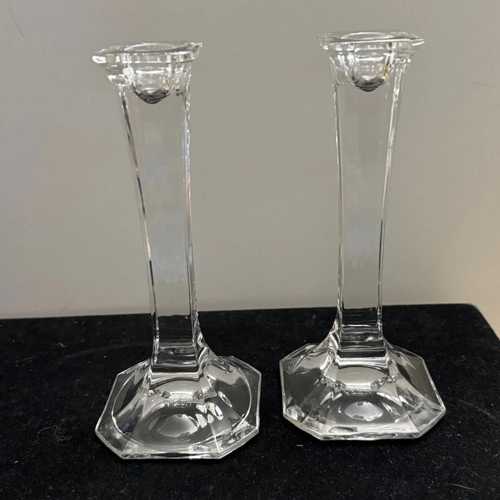 Glass Crystal Candle Holders (Set of 2)Clear Column Candlestick Octagon Pedestal